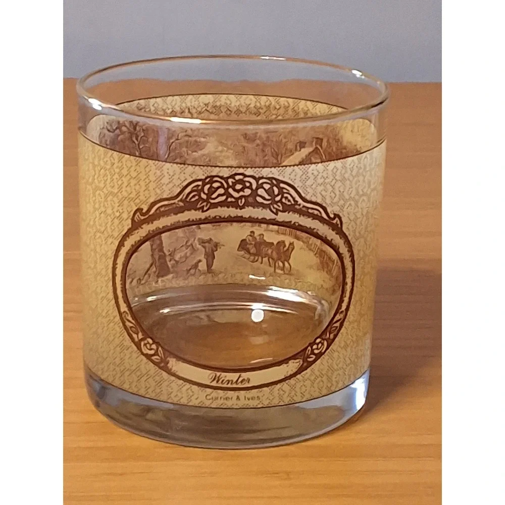 Vintage Currier & Ives Four Seasons Whiskey Rocks Glasses Set of 4 Brown Cream